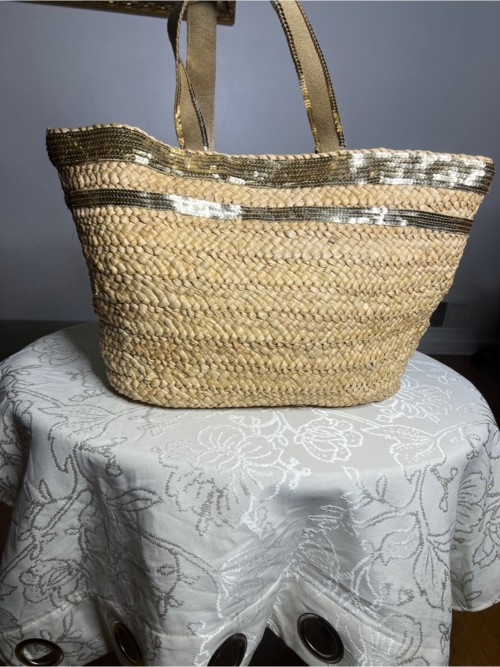 Natural Straw Tote Bag with Gold Sequin Trim